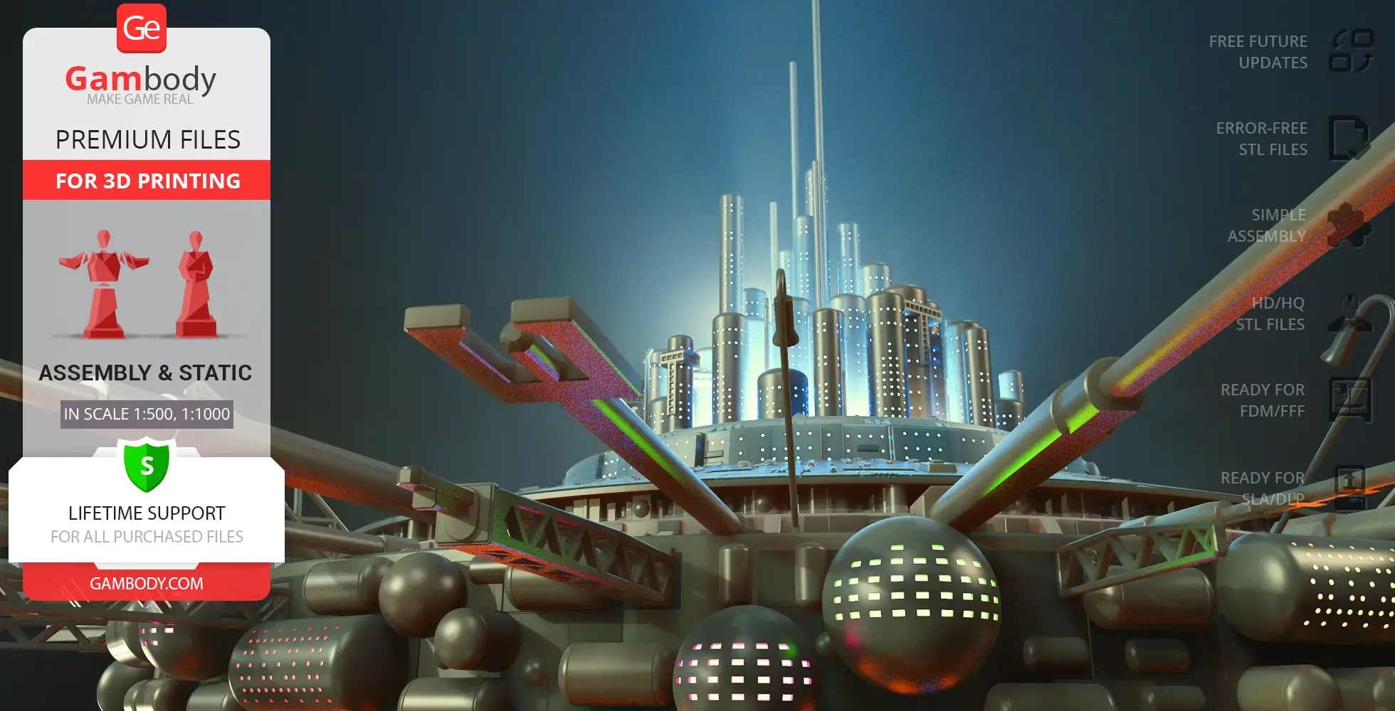 Futuristic sci-fi mothership with towers and intricate structures, ideal for 3D printing.