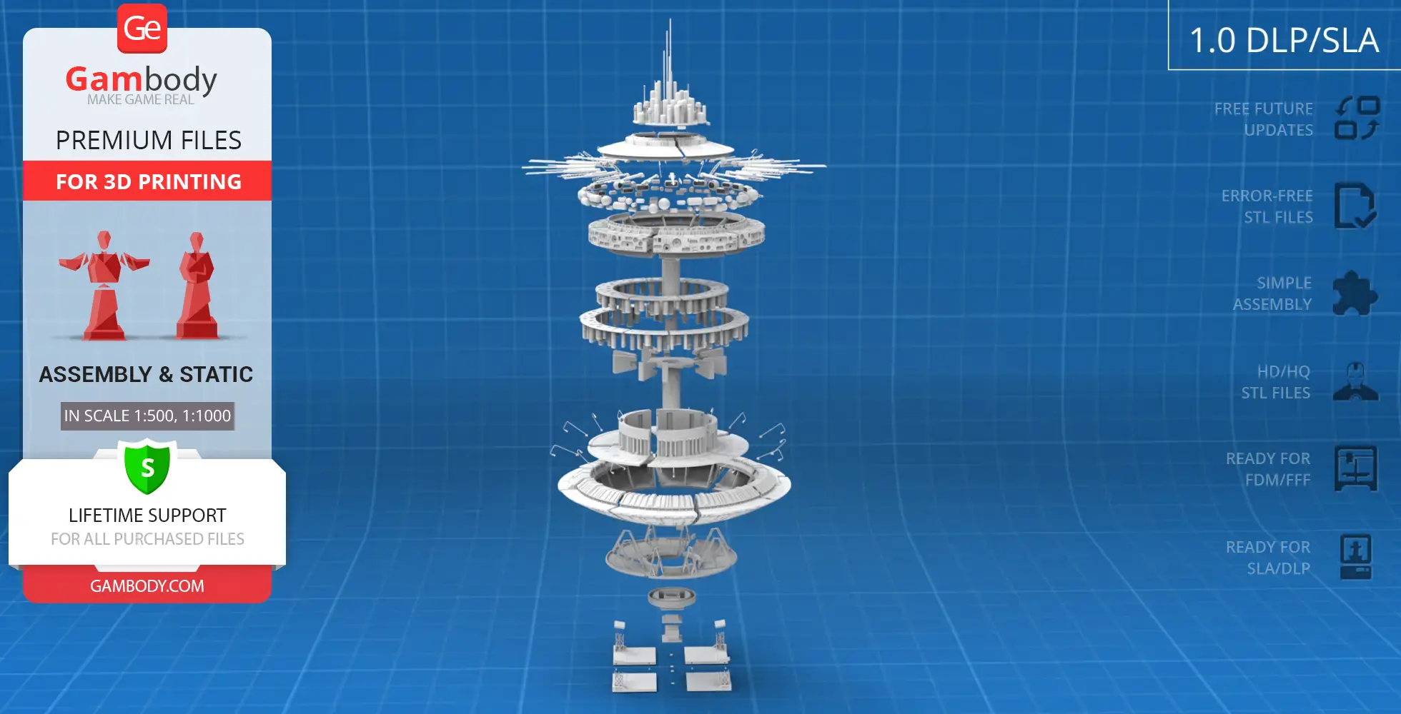 Sci-fi mothership model with multiple tiers, designed for 3D printing, on a blue grid background.