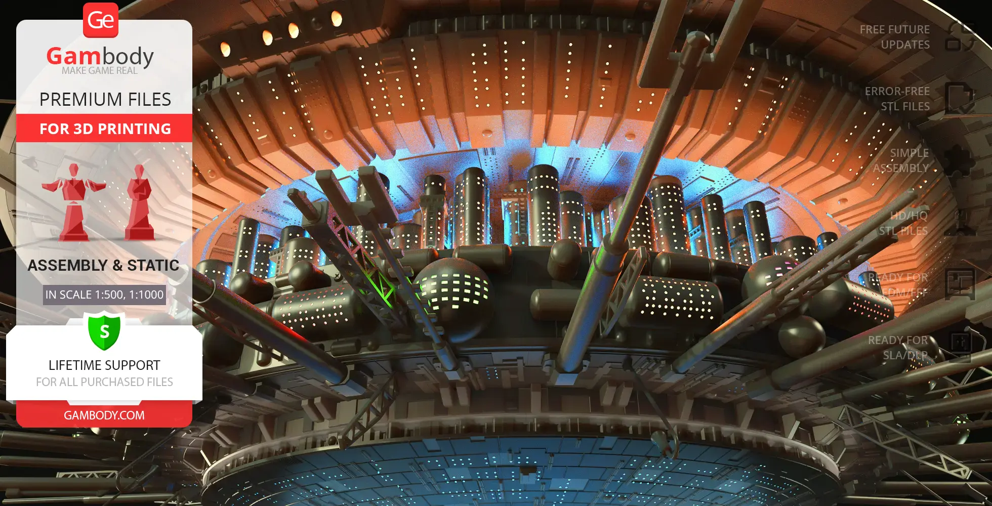 Futuristic sci-fi mothership interior with intricate structures and glowing lights for 3D printing on Gambody.