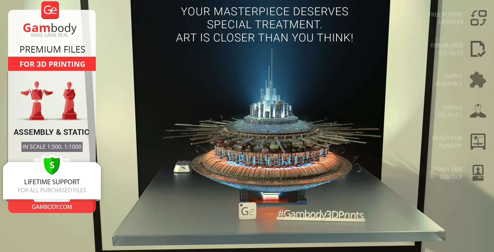 Futuristic sci-fi mothership model with intricate details displayed on a tabletop.