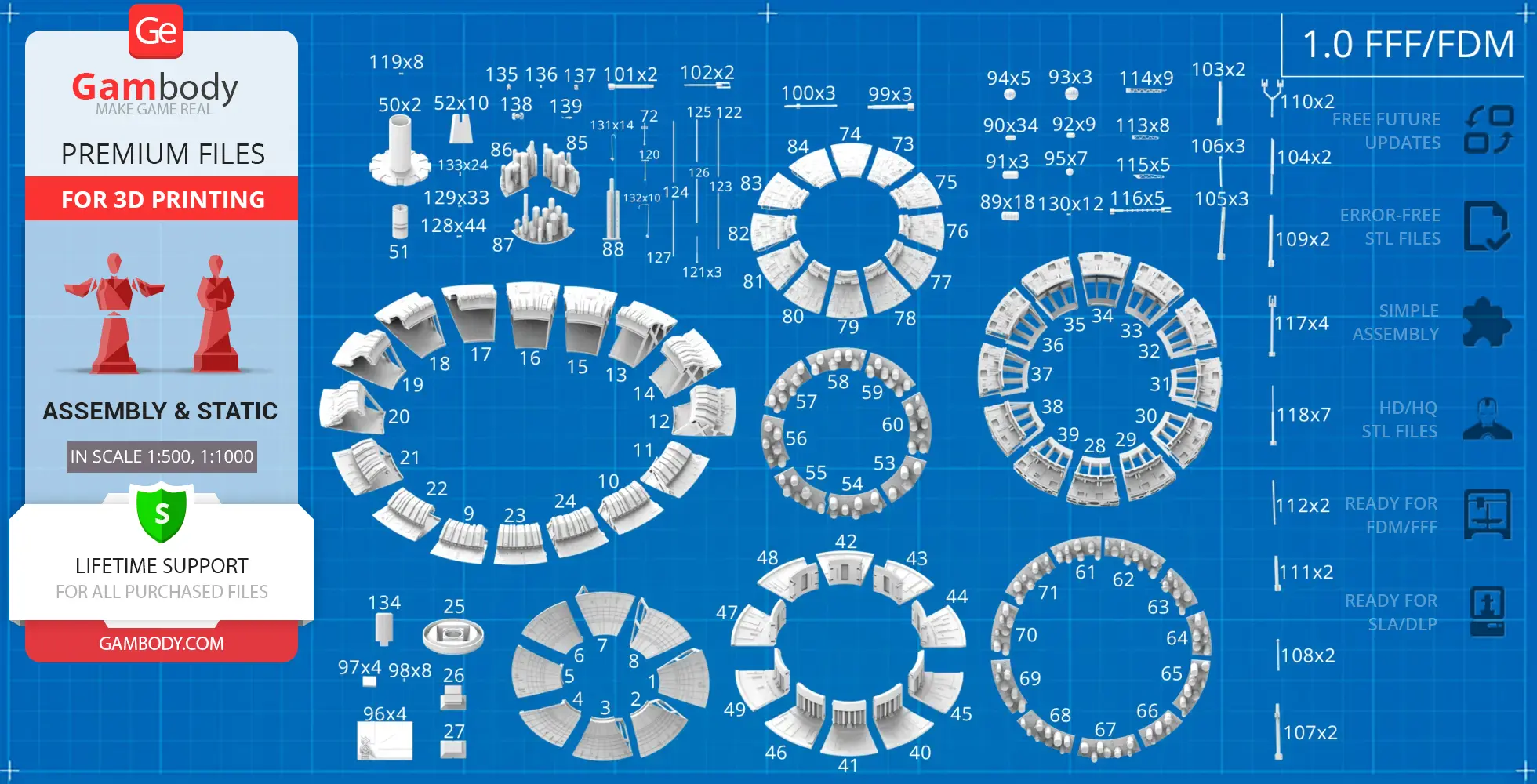 Blueprint with labeled parts for 3D printing a sci-fi mothership model, including rings and detailed components.
