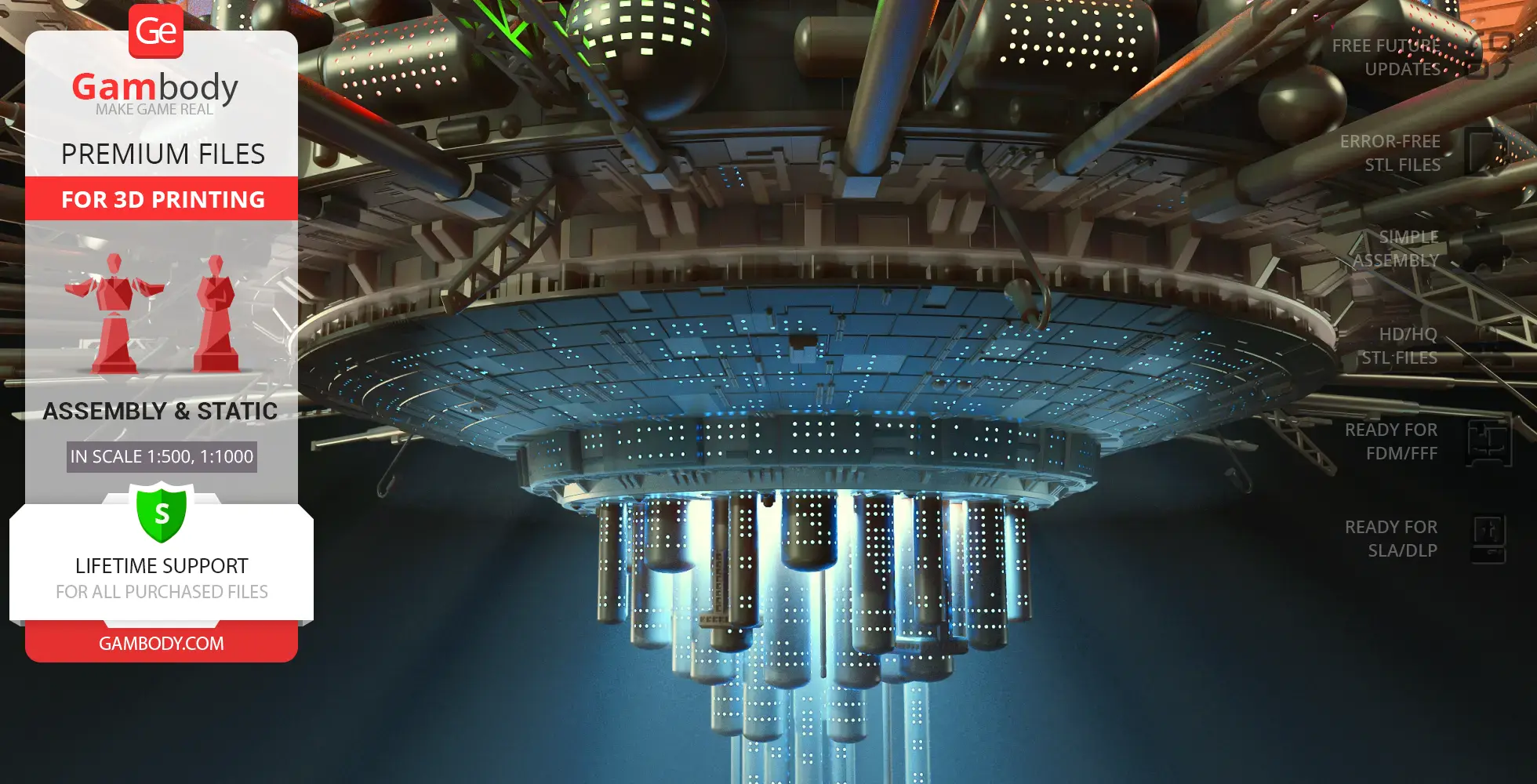 Sci-fi mothership with intricate structures and glowing blue lights, ideal for 3D printing.