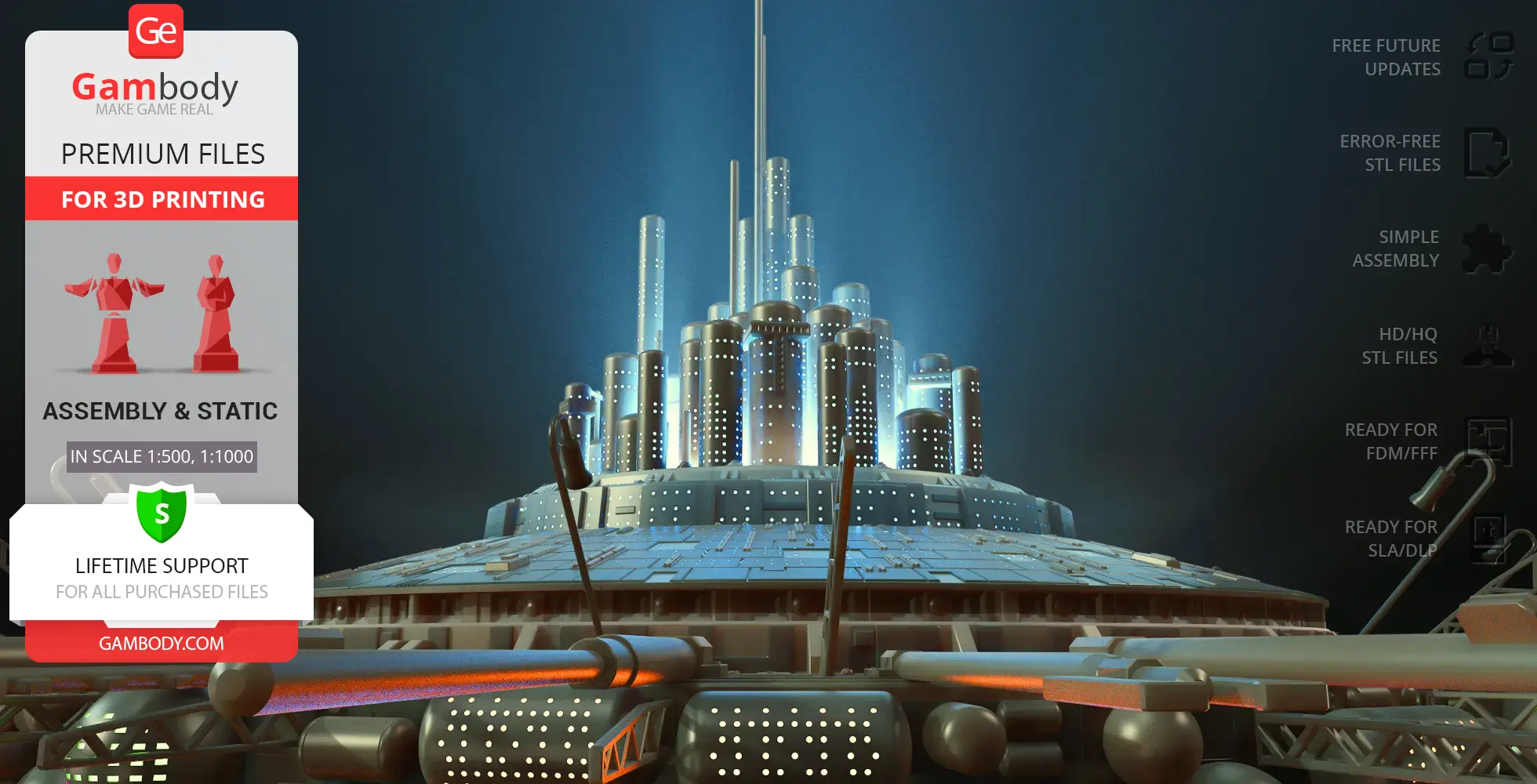 Futuristic 3D model of a sci-fi mothership with lit towers and intricate details, ready for 3D printing.