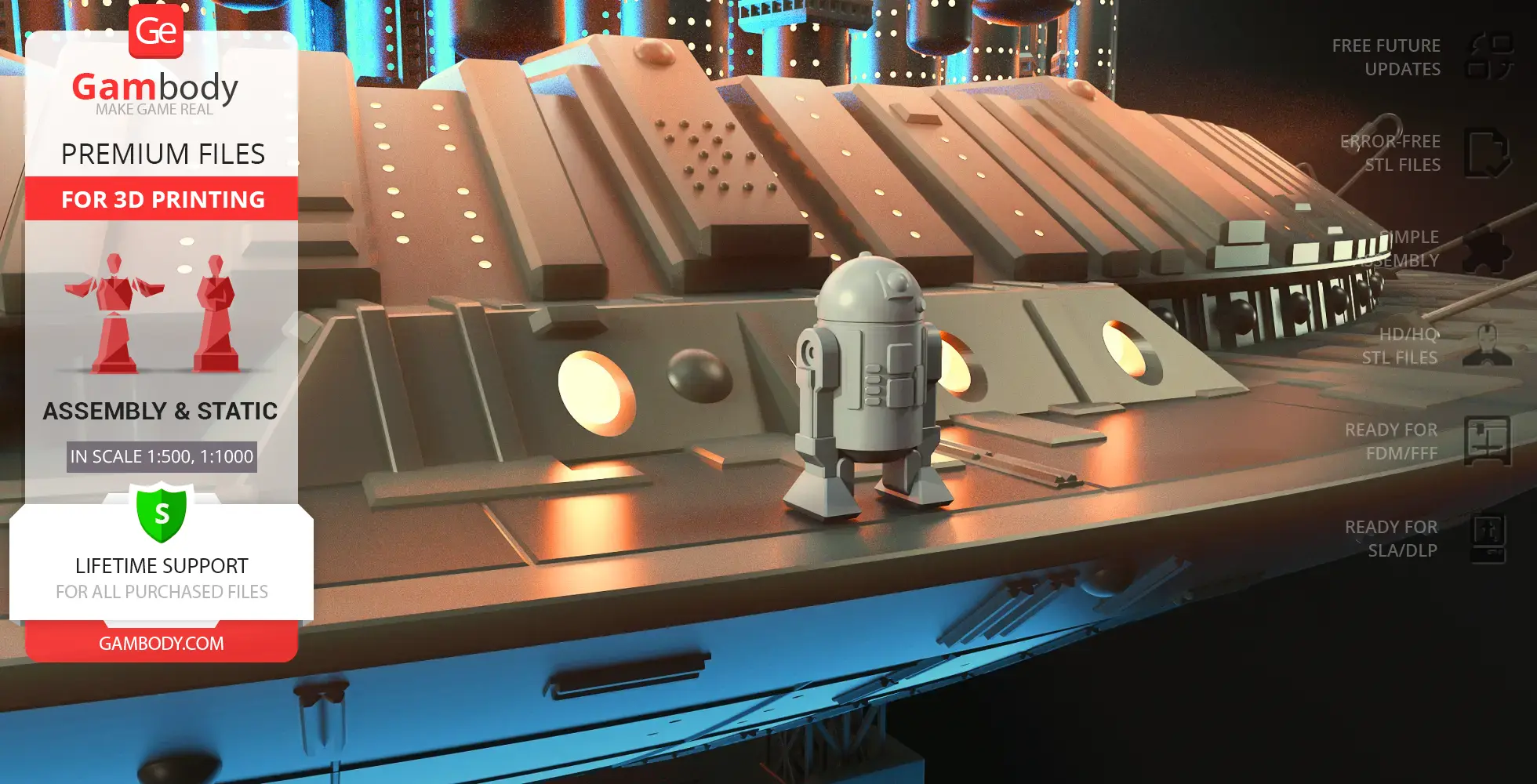 A small robot stands on a textured sci-fi mothership with glowing accents.