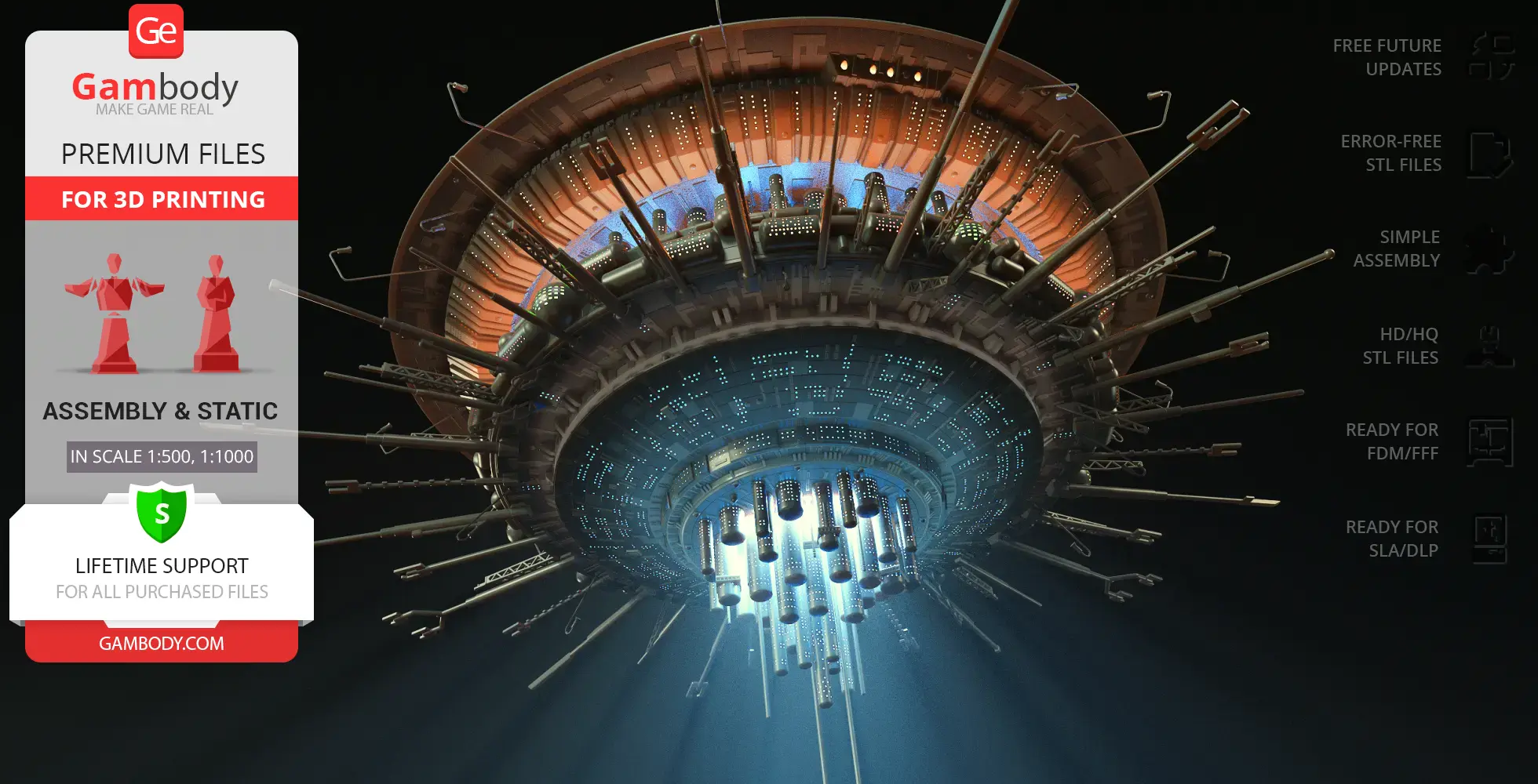 Futuristic mothership model with detailed layered design, glowing lights, and numerous extended antennas.