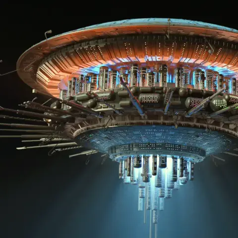 Futuristic, disc-shaped sci-fi mothership with glowing lights and intricate details.