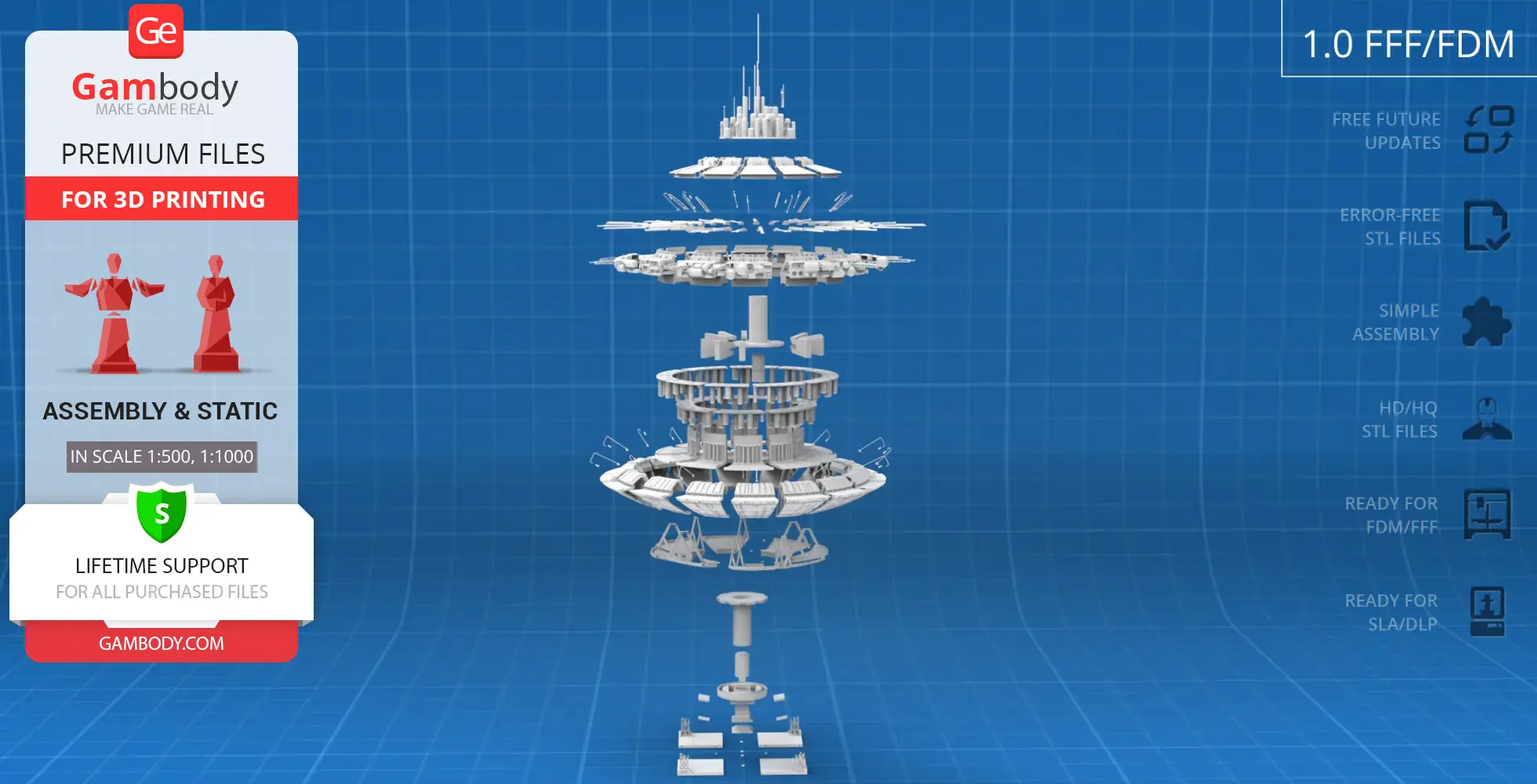 Exploded view of a detailed sci-fi mothership model on a blue grid background for 3D printing.