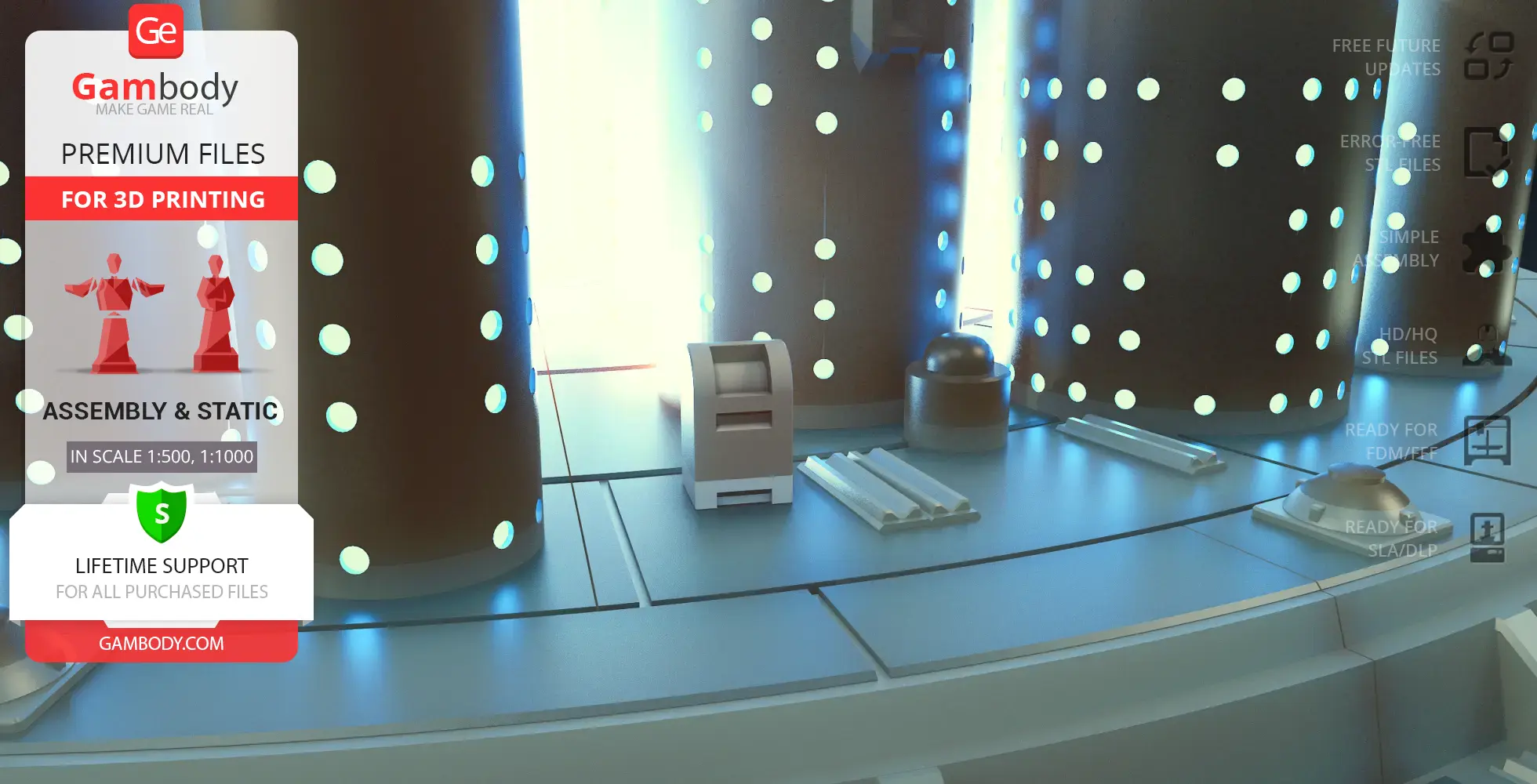 Futuristic interior with glowing columns and sci-fi equipment on a sleek metallic floor.