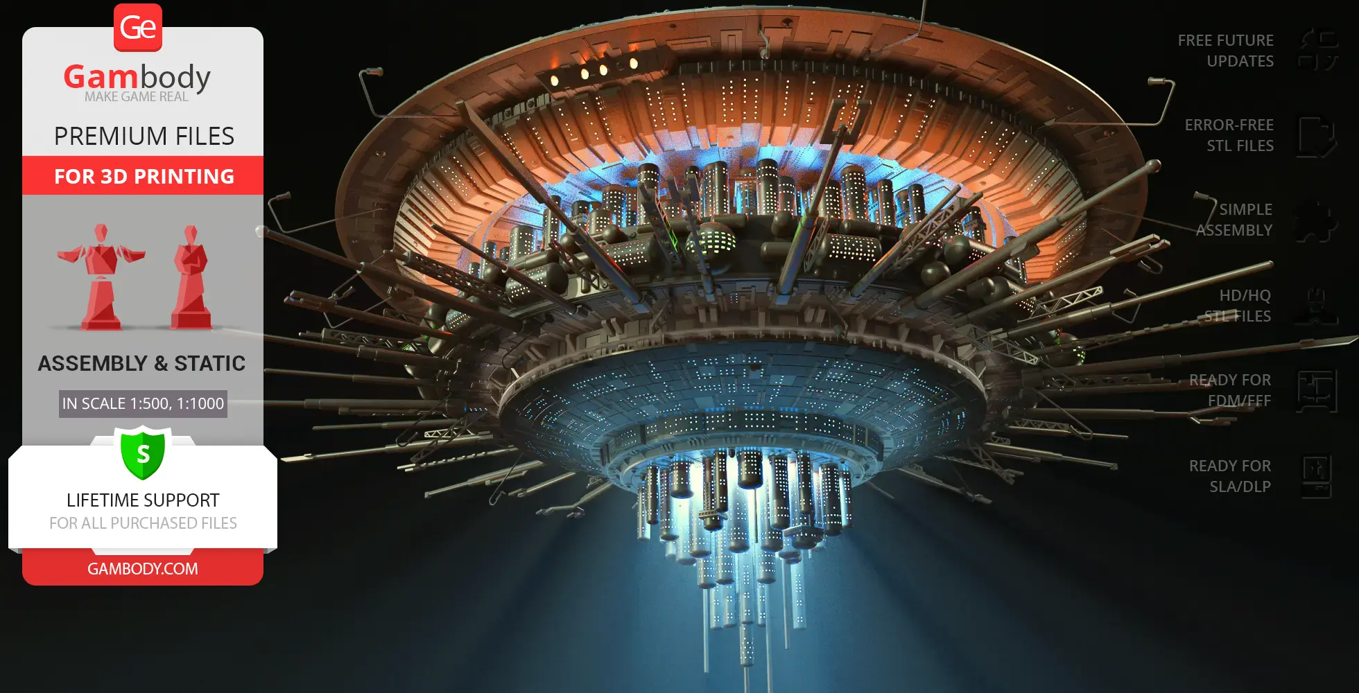 Futuristic sci-fi mothership model with detailed spires and glowing elements, designed for 3D printing.
