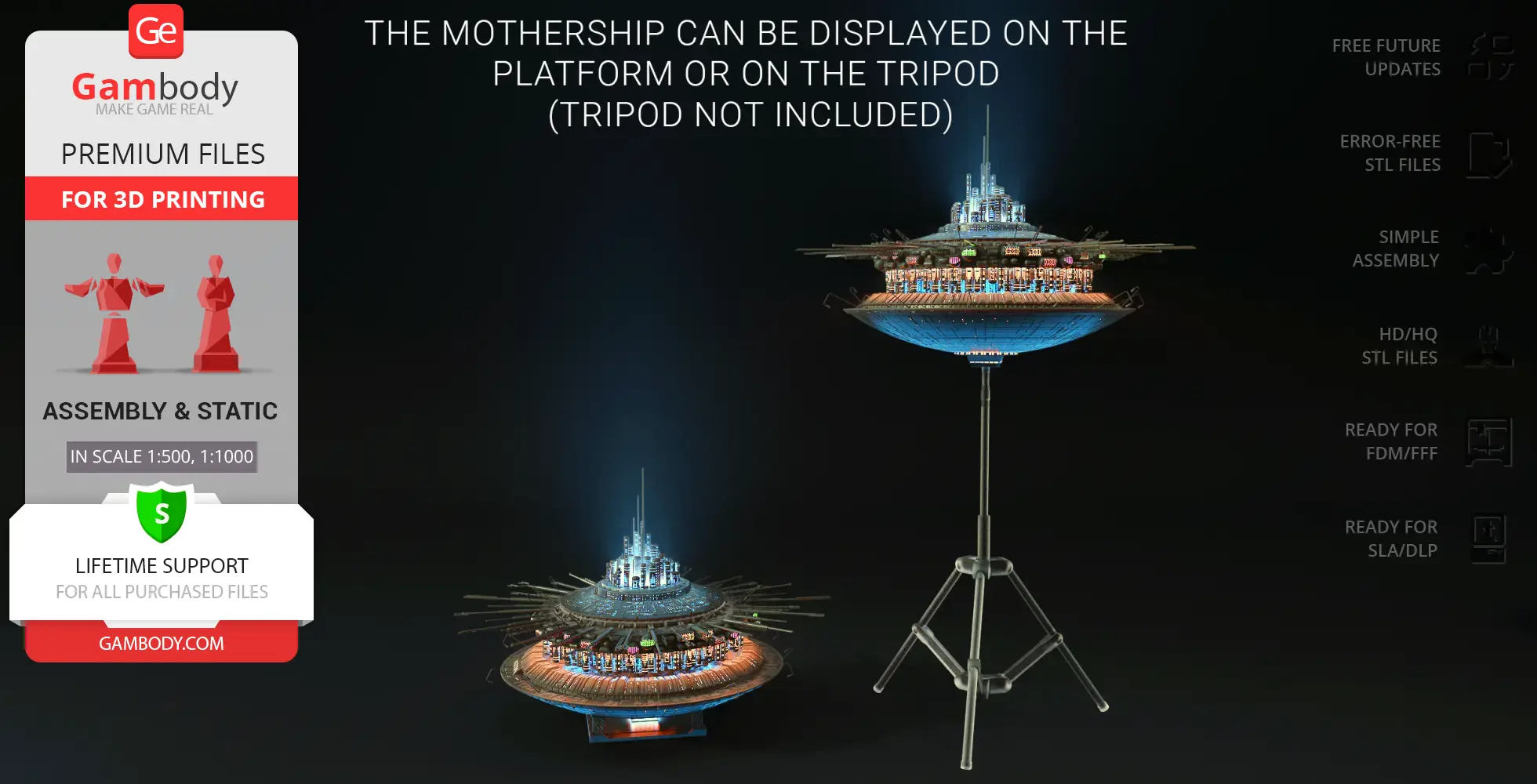 Sci-fi mothership model for 3D printing, displayed on a platform and tripod.