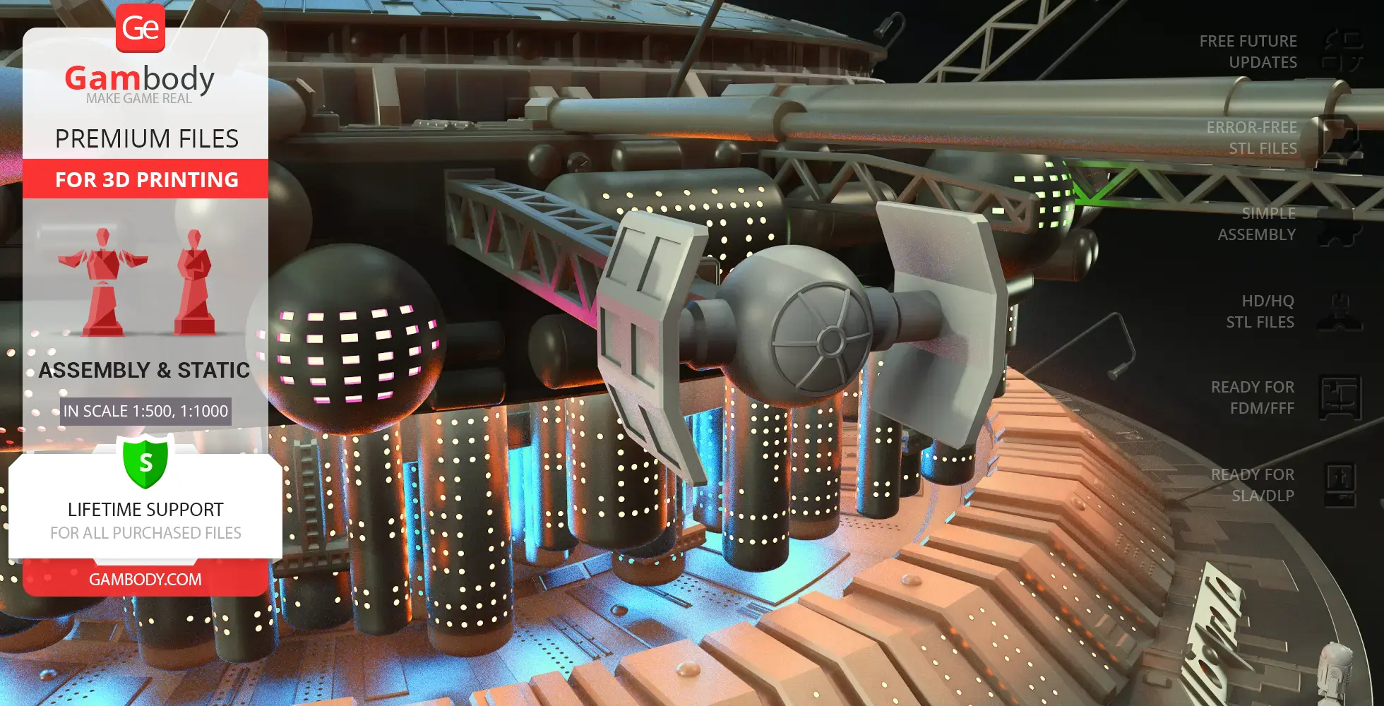 Sci-fi mothership model with intricate details and antennas, set for 3D printing by Gambody.