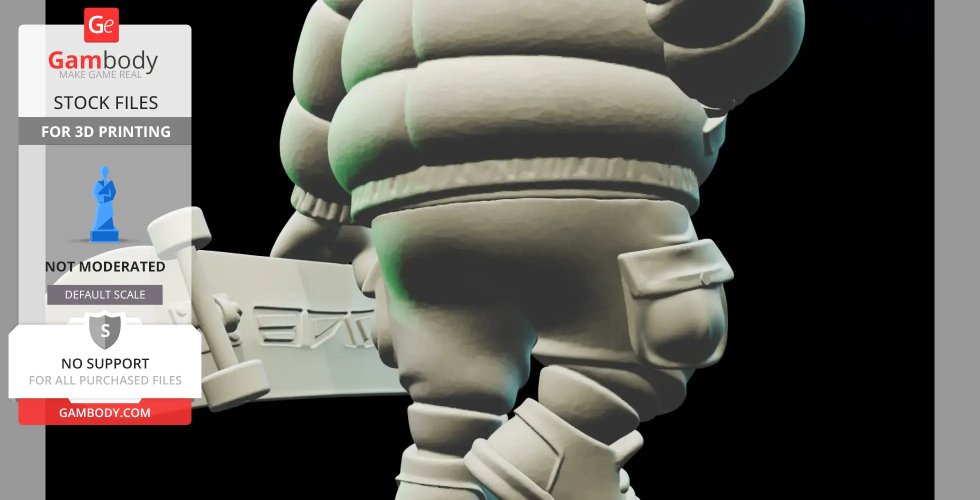 3D model of a plump, cartoonish figure in winter wear holding a snowboard, designed for 3D printing.
