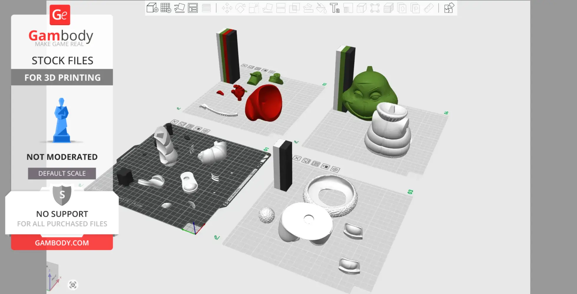 3D printing layout of Grinch model parts, including head, body, and accessories on four grids.