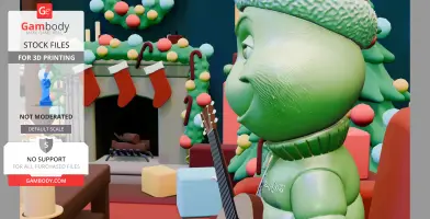 Green character in a festive scene with stockings, gifts, and a guitar. Holiday decor in the background.