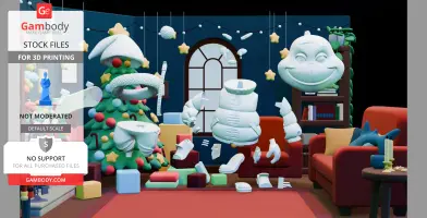Floating 3D Grinch model parts in a festive room with a tree, gifts, and cozy furniture.