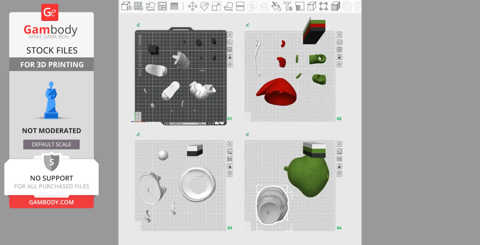 3D printing layout showing various parts of a Grinch model in separate STL file sections.