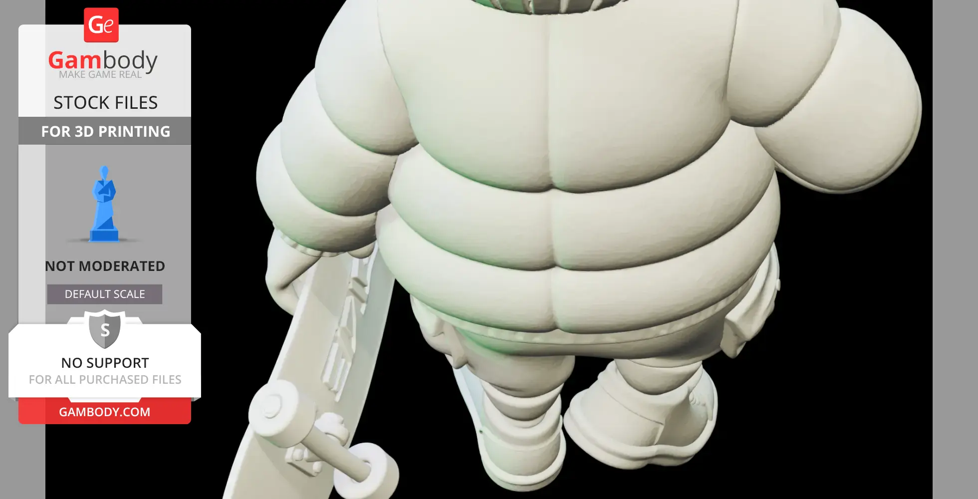 A 3D model of a rotund figure with a snowboard, viewed from above, for 3D printing.