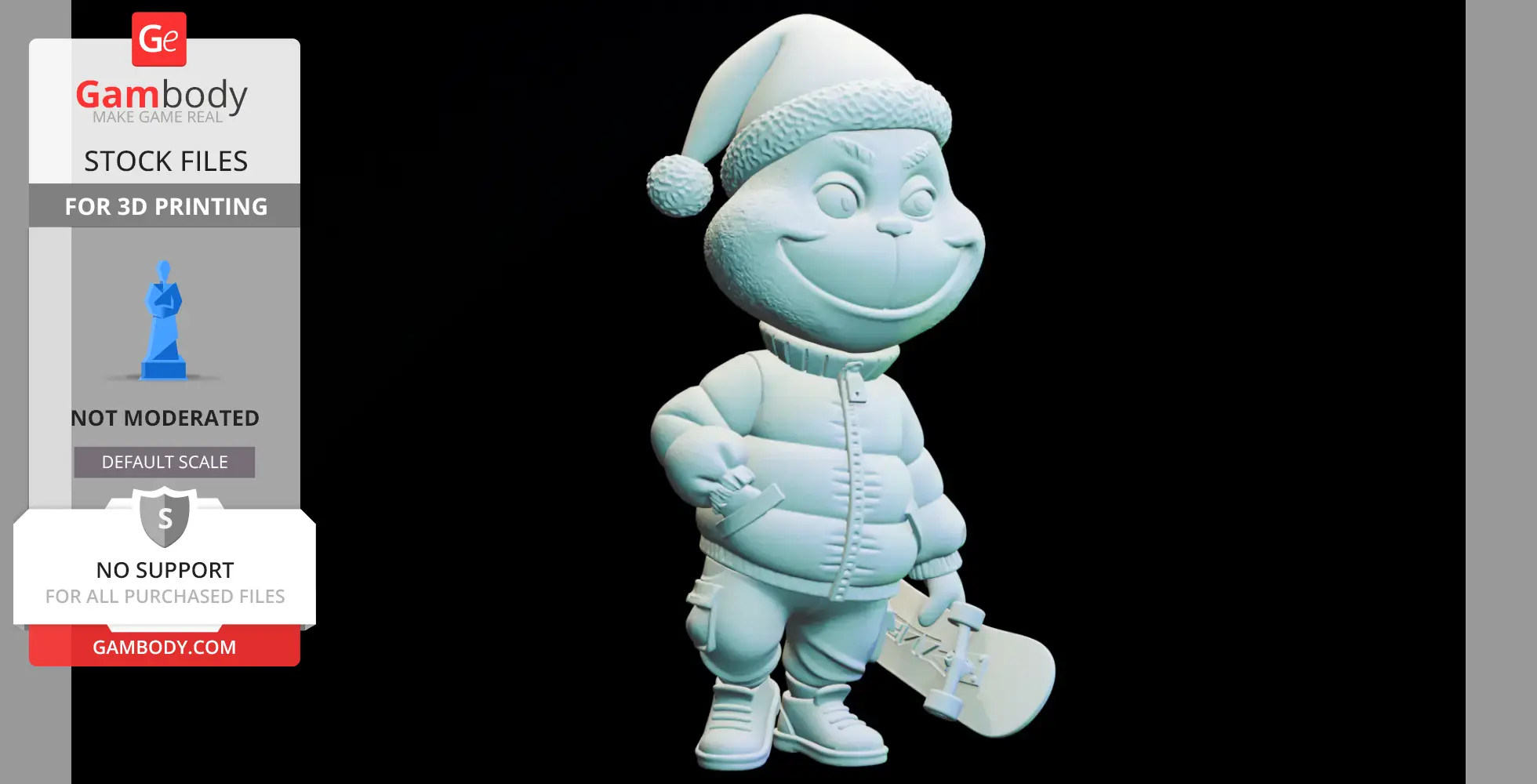 A cartoonish character in winter clothing holding a skateboard, designed for 3D printing.
