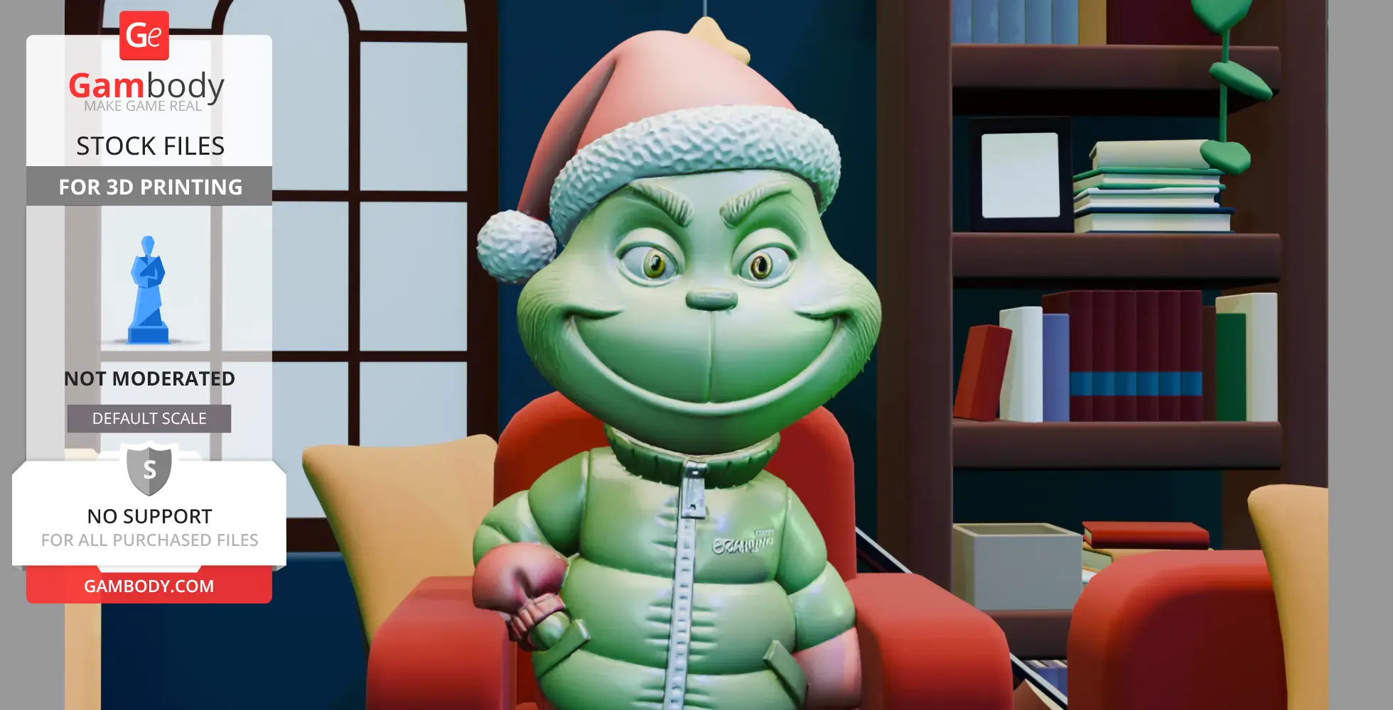 A grinning green character in a Santa hat and winter jacket stands indoors.