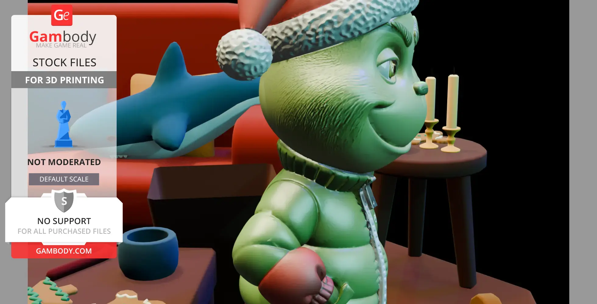A green creature in a Santa hat and winter coat, with candles and a blue shark in the background.