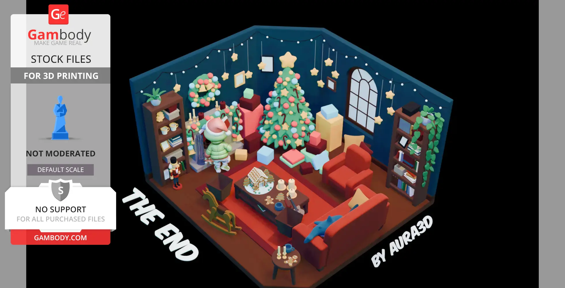 3D model of a festive room with a Christmas tree, gifts, and a character in a green outfit.