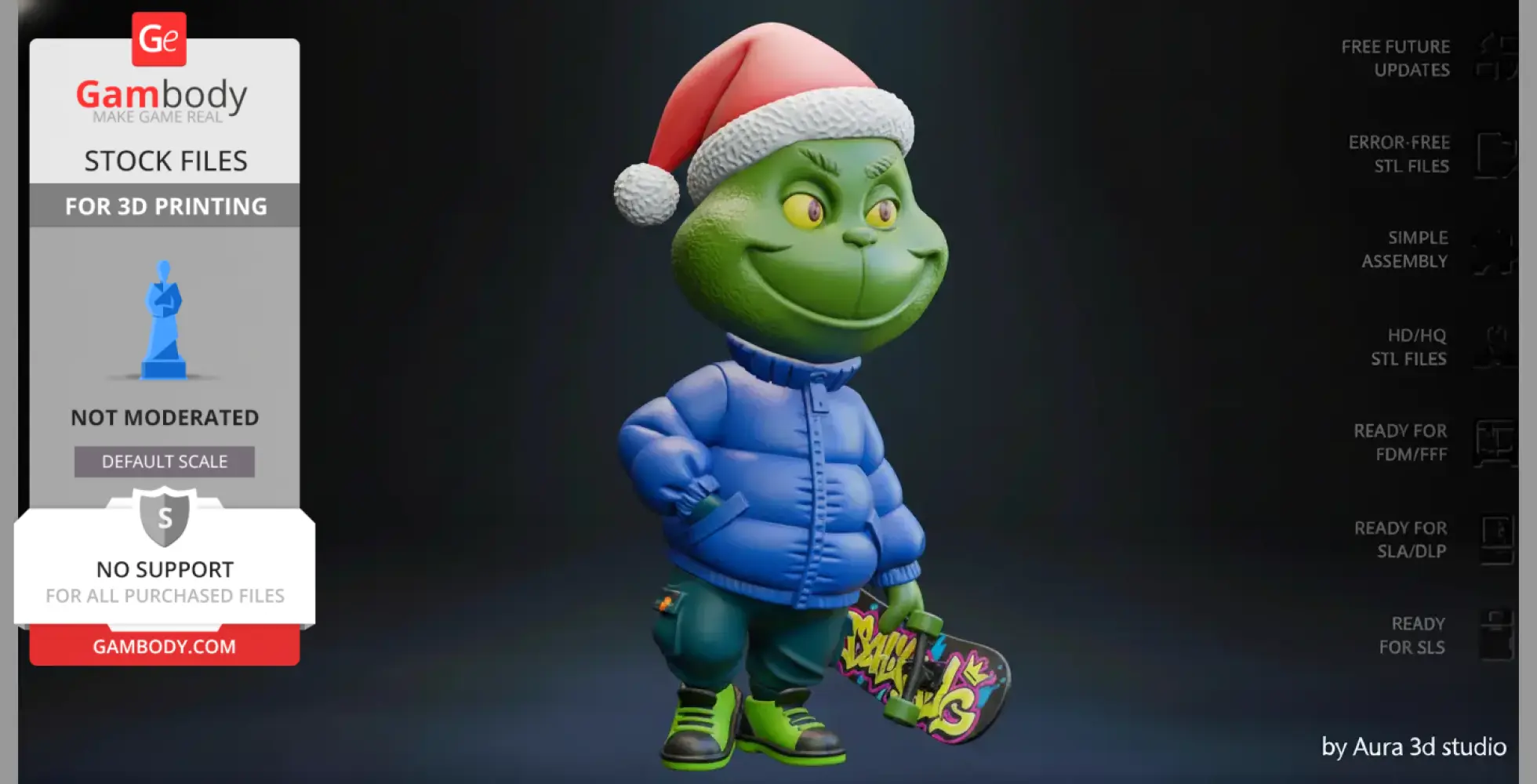 Green character wearing Santa hat and blue jacket, holding a colorful skateboard.
