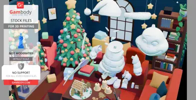 Festive room with a decorated Christmas tree, gifts, and disassembled 3D Grinch model parts.