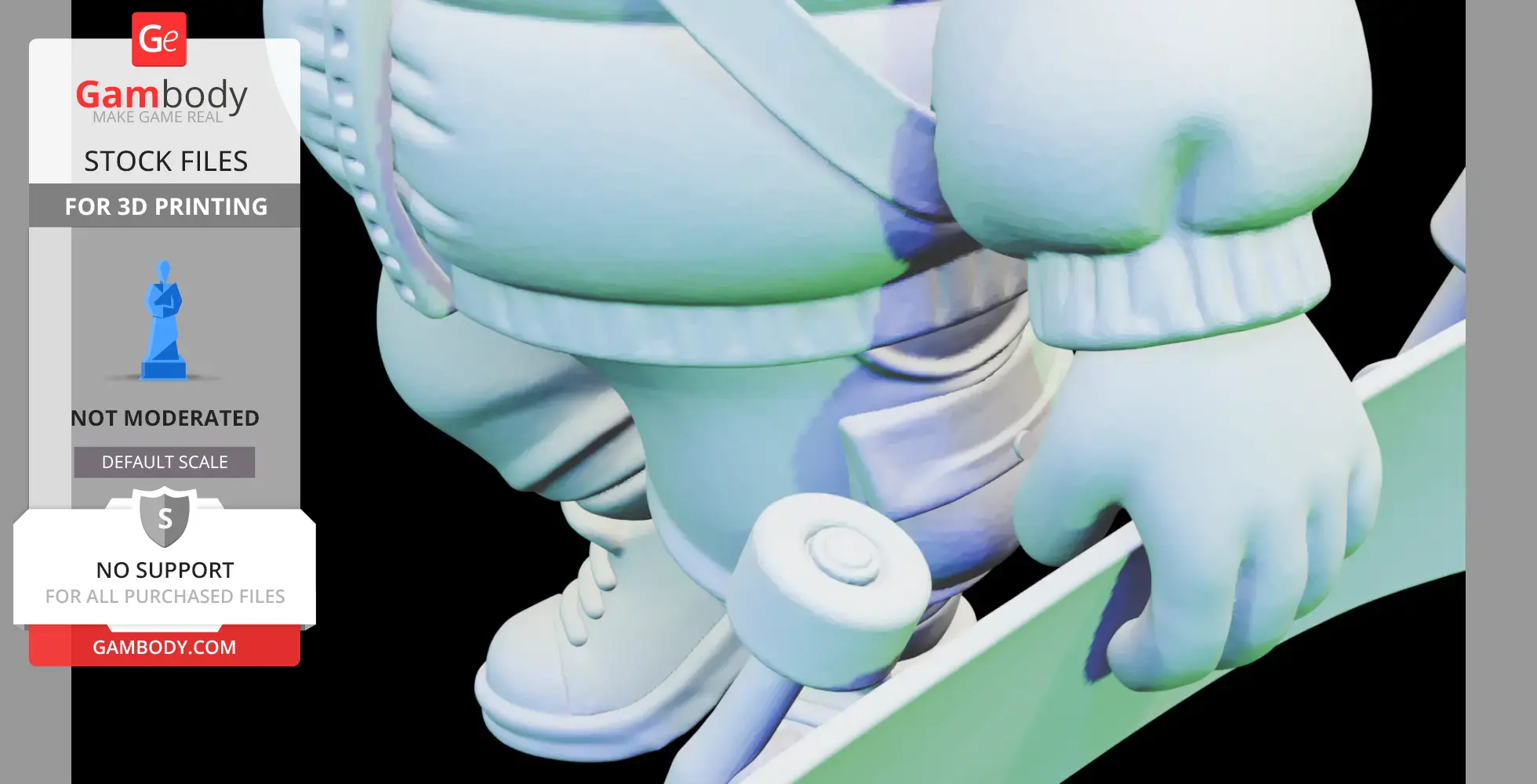 A close-up of a ski booted character's feet and hand gripping a snowboard, designed for 3D printing.