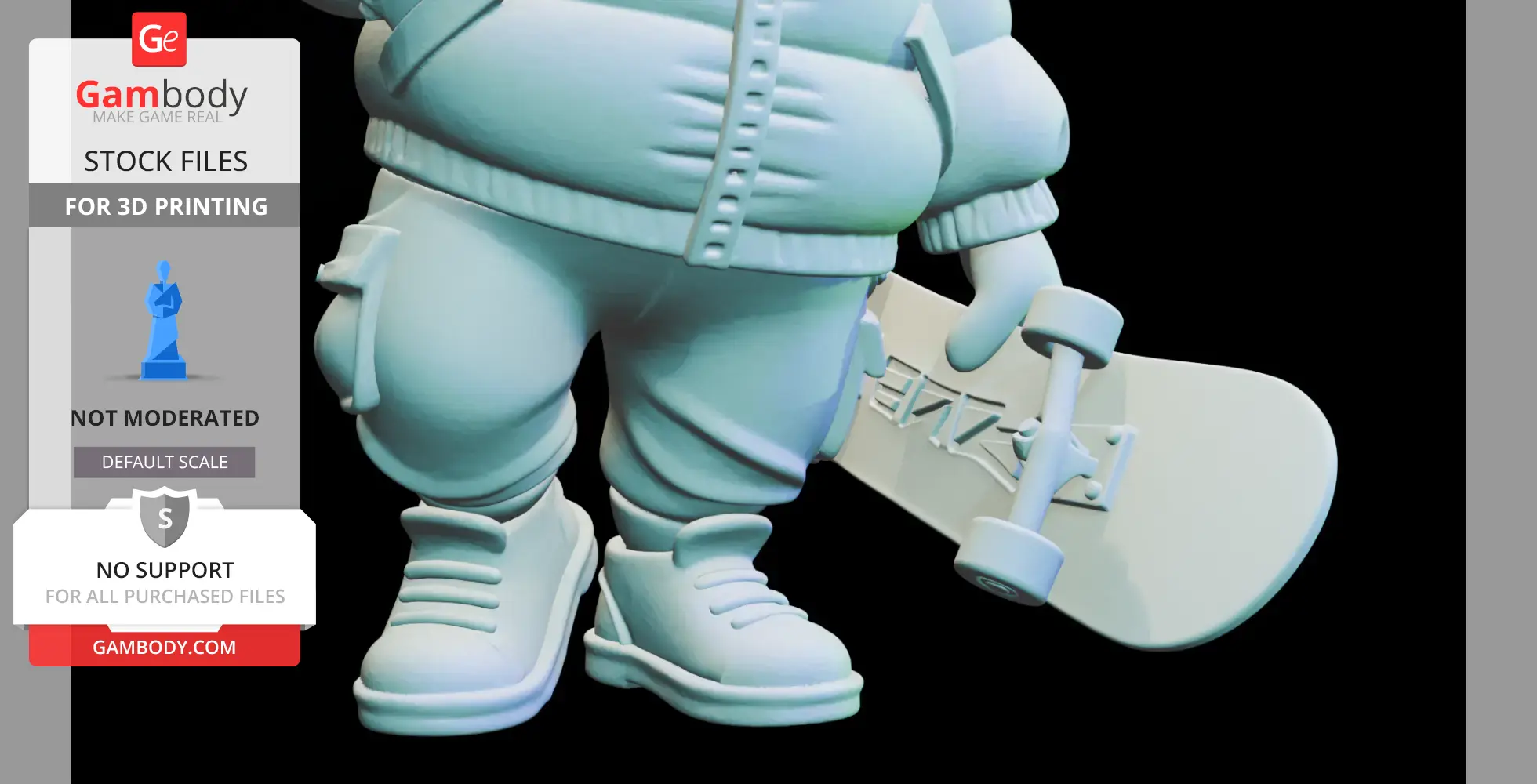 Chunky Grinch figure with a skateboard, detailed for 3D printing.