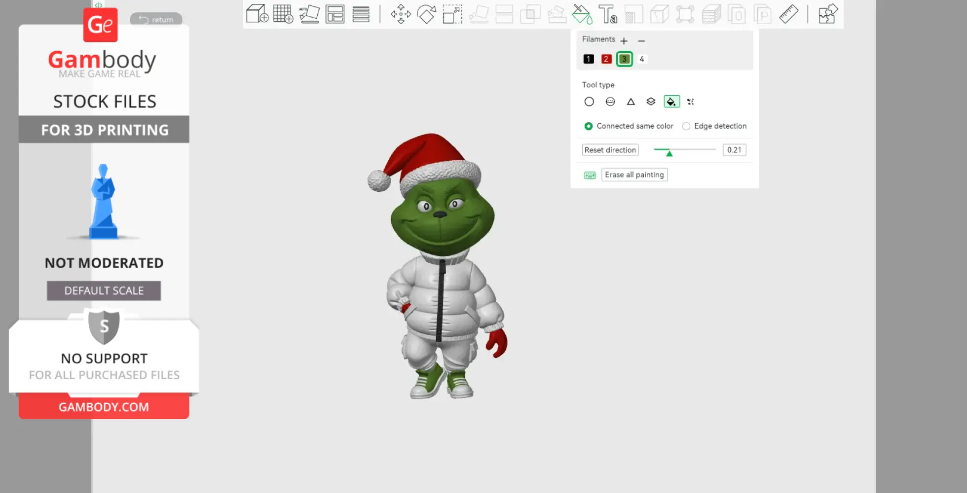 Green character in a Santa hat and winter outfit, designed for 3D printing.