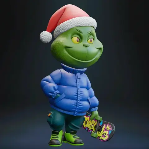 A cartoonish green figure with a Santa hat, blue jacket, and holding a colorful skateboard.