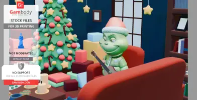 A green creature in a Santa hat plays guitar by a Christmas tree surrounded by gifts.