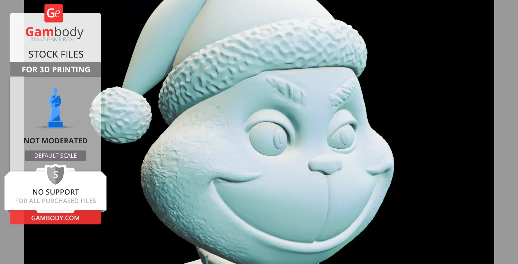 3D model of a cartoon character's head wearing a fluffy Santa hat, designed for printing.