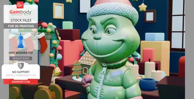 A 3D-printed model of a green creature in festive attire, set in a decorated holiday scene.