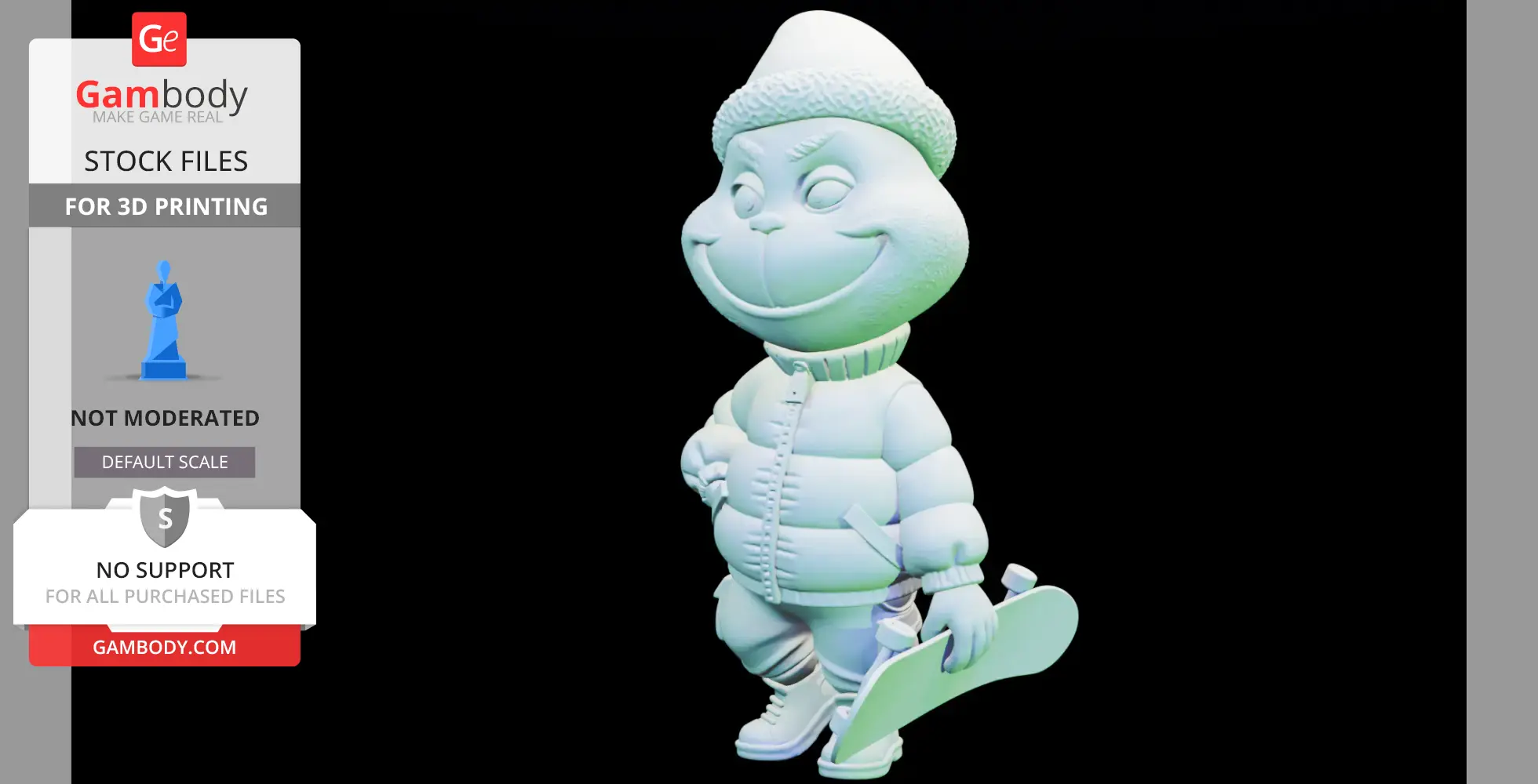 A cartoonish figure in winter attire holding a snowboard in one hand, with a mischievous grin.