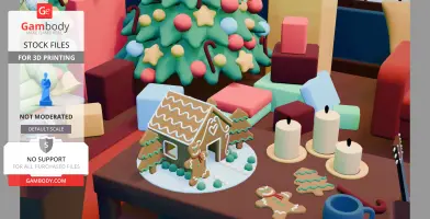 Gingerbread house and cookies on a table, with a Christmas tree and gifts in the background.