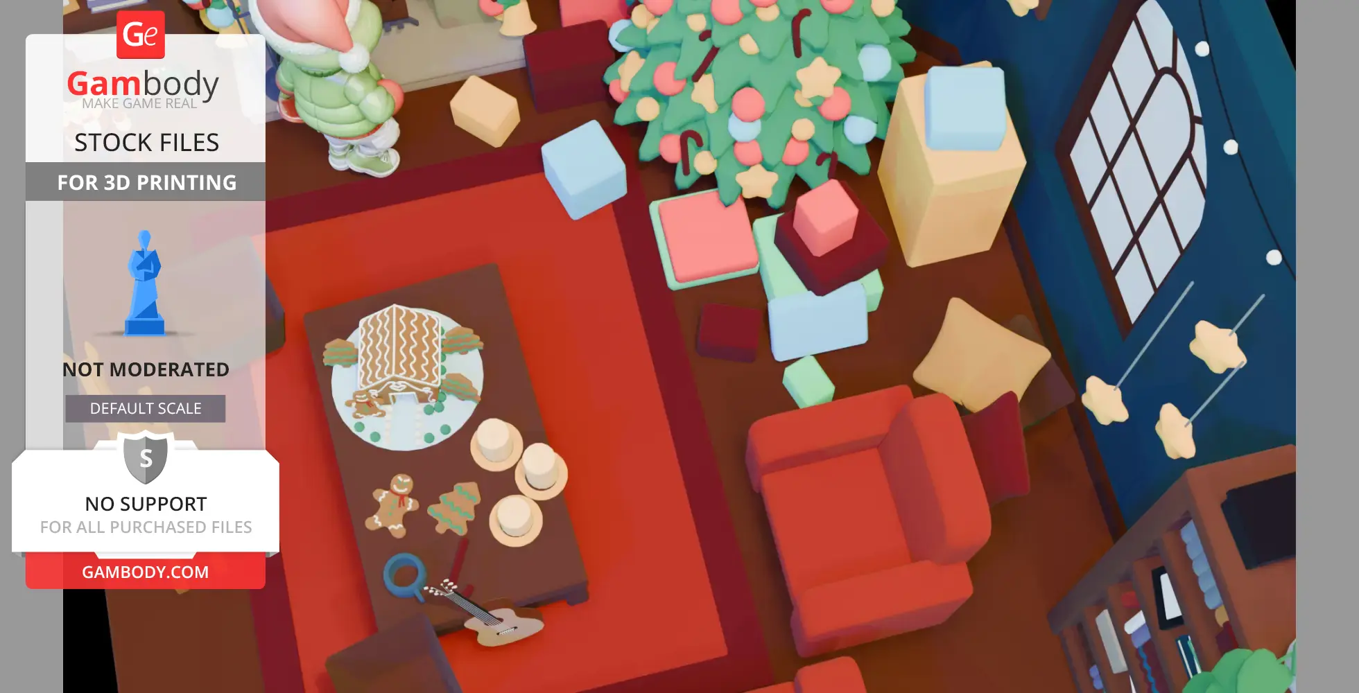 Cozy room with Christmas tree, red sofa, scattered cushions, table with gingerbread and dishes.