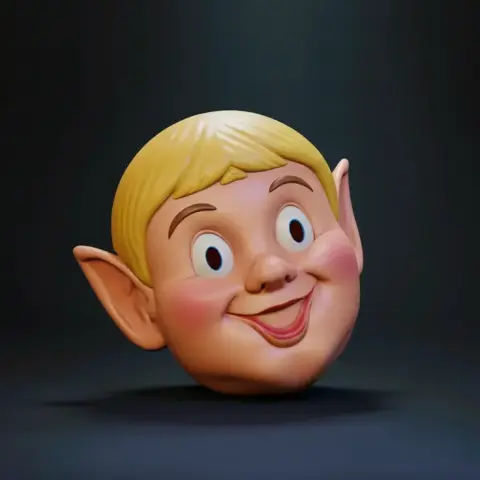 A cheerful elf mask with big eyes, a wide smile, and pointy ears, designed for wear.