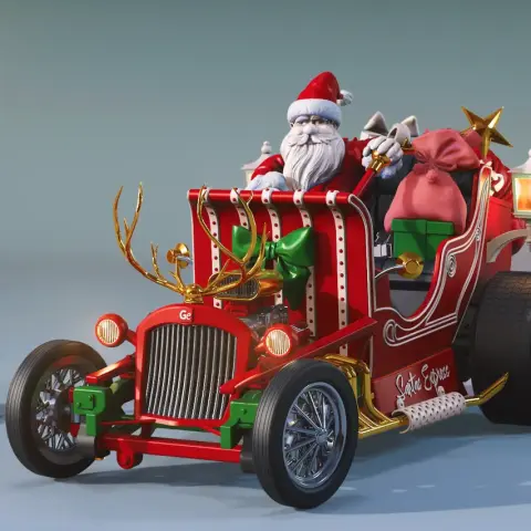Santa driving a festive red hot rod sleigh with gifts and reindeer antler details.
