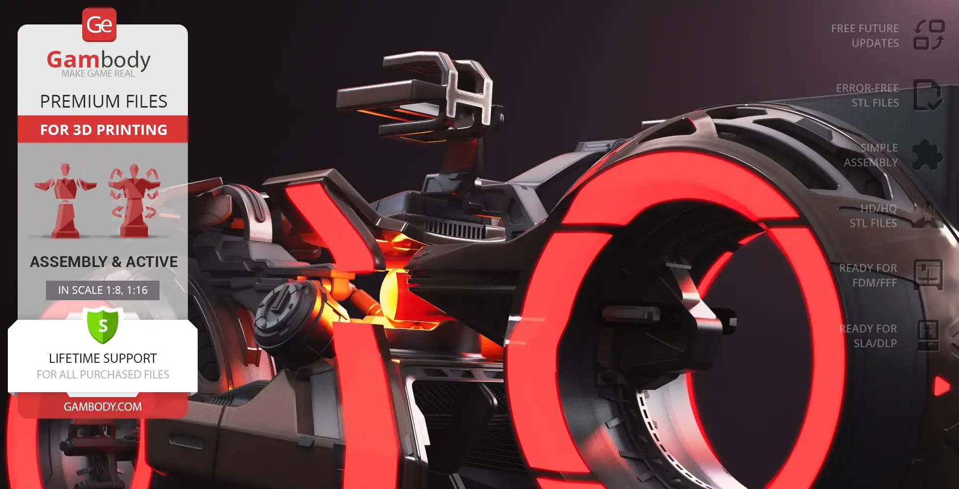 Futuristic TRON-style light cycle model with glowing red rings for 3D printing.