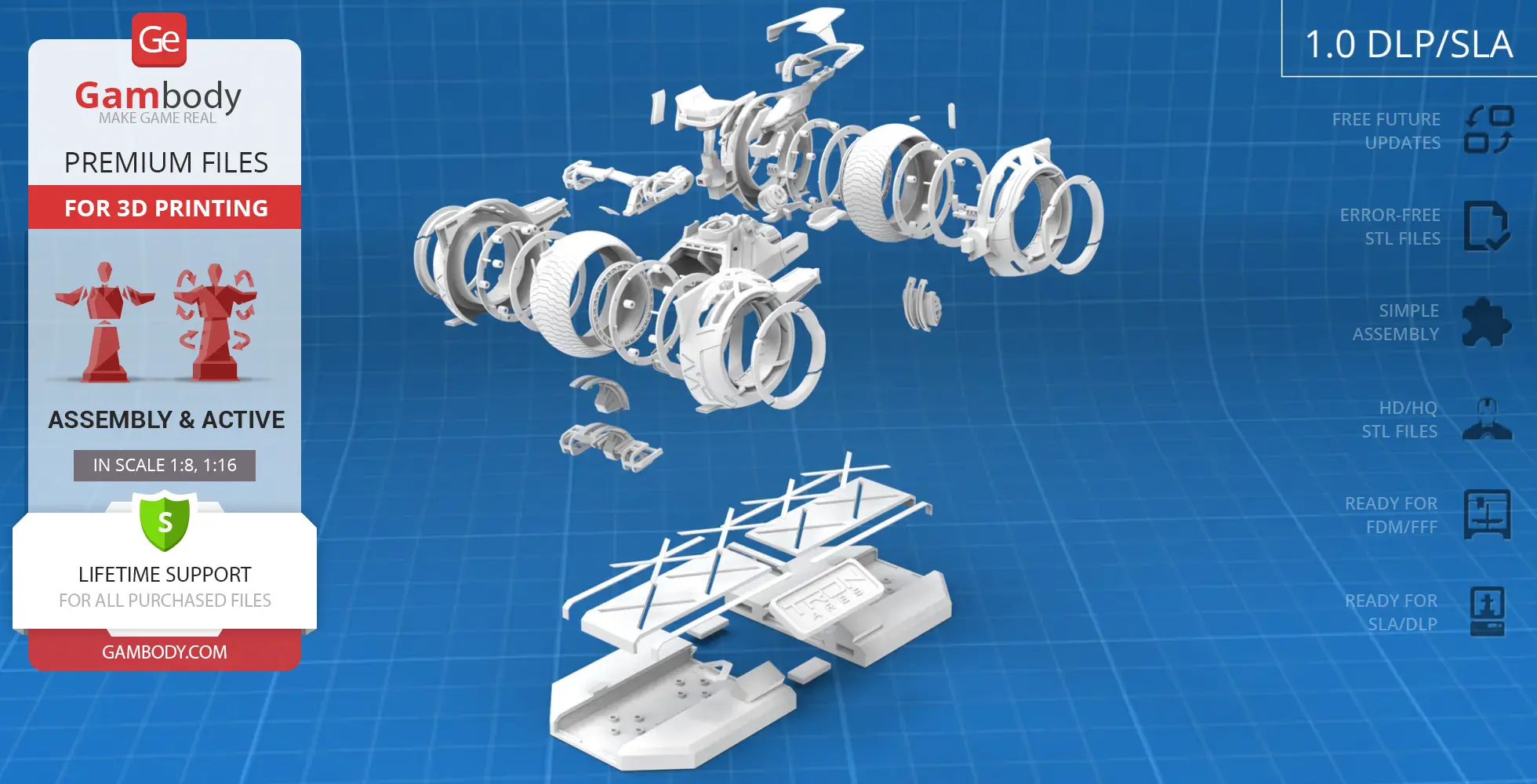 Exploded view of TRON Ares Light Cycle 3D print model on a blue grid background.
