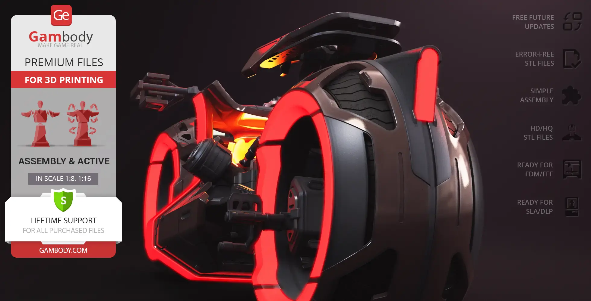 Futuristic TRON Ares Light Cycle 3D model with glowing red accents, designed for 3D printing.
