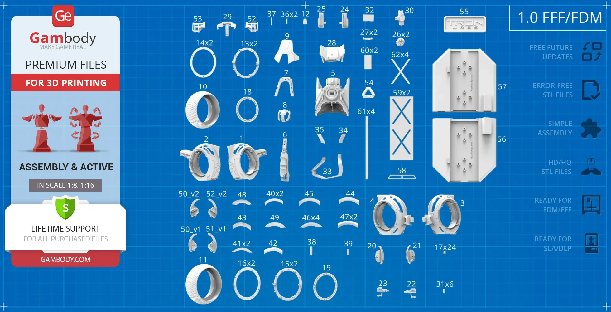 Blueprint layout showing parts for assembling a TRON Ares Light Cycle 3D model.