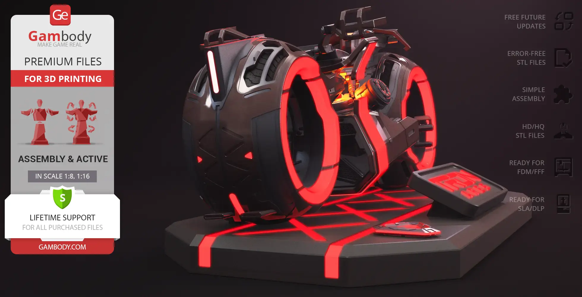 Futuristic TRON Ares Light Cycle model with glowing red accents on a display platform.