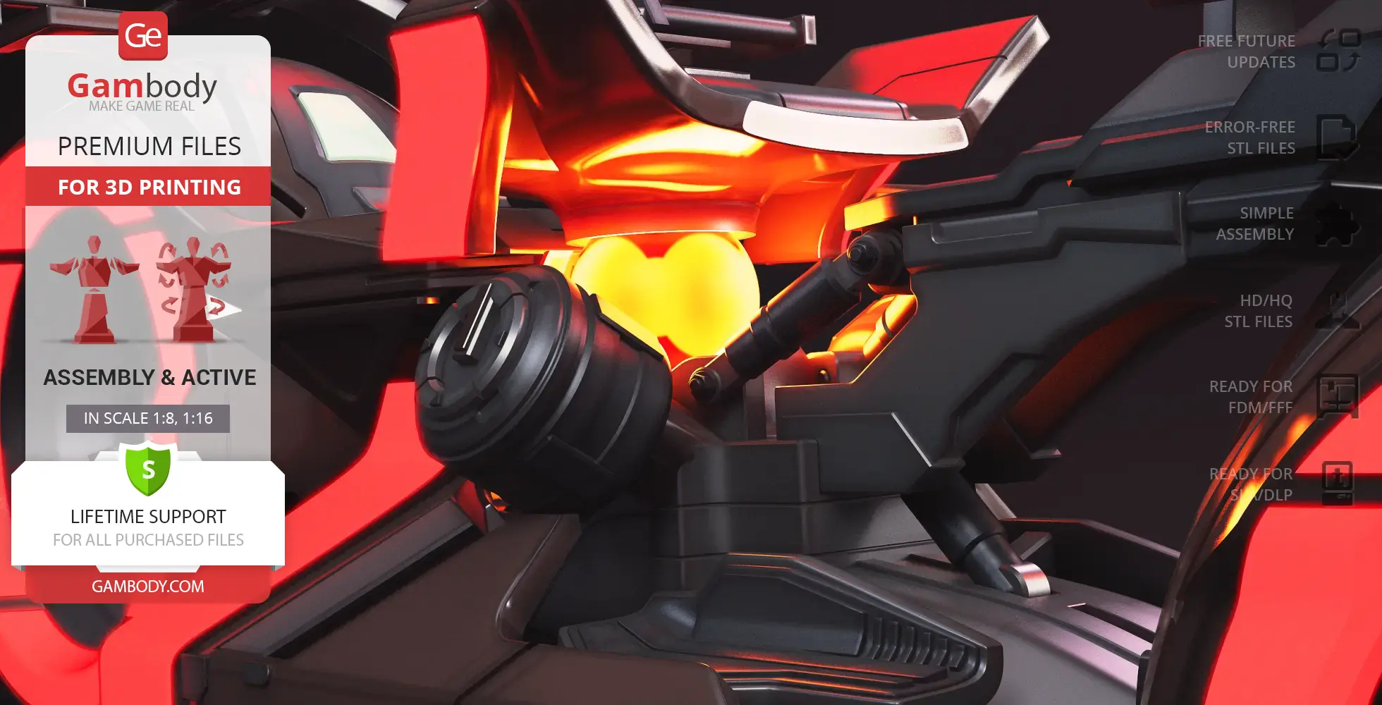 Futuristic TRON light cycle model with glowing orange elements, designed for 3D printing.