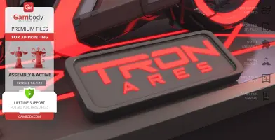 Close-up of a TRON Ares Light Cycle 3D model with glowing red accents and branding details.