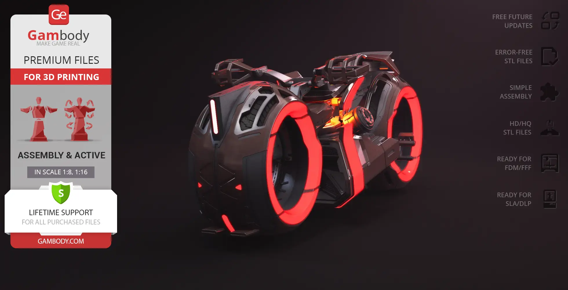 Futuristic TRON light cycle with glowing red accents, designed for 3D printing by Gambody.