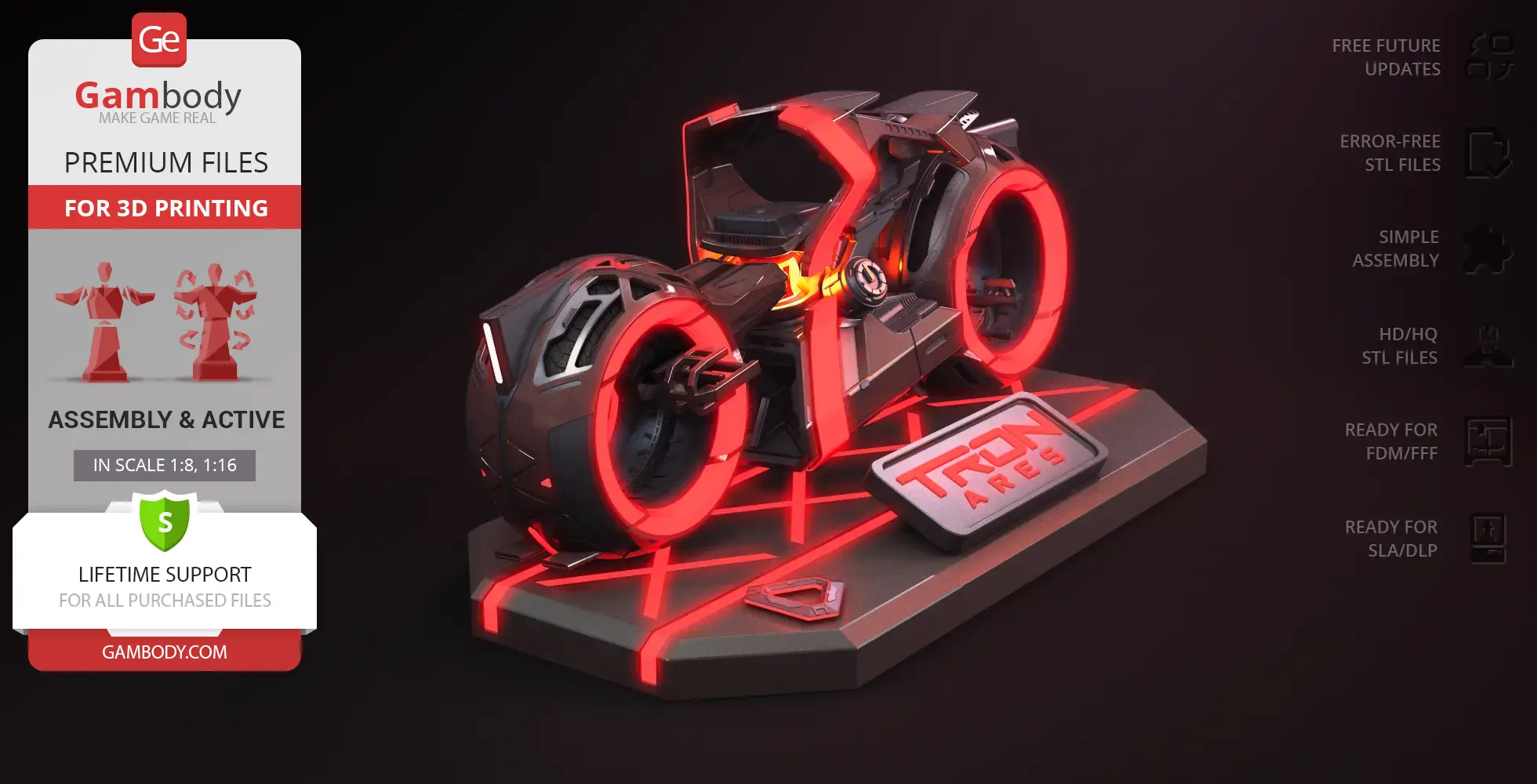 Futuristic TRON Ares Light Cycle model with glowing red accents on a display stand for 3D printing.