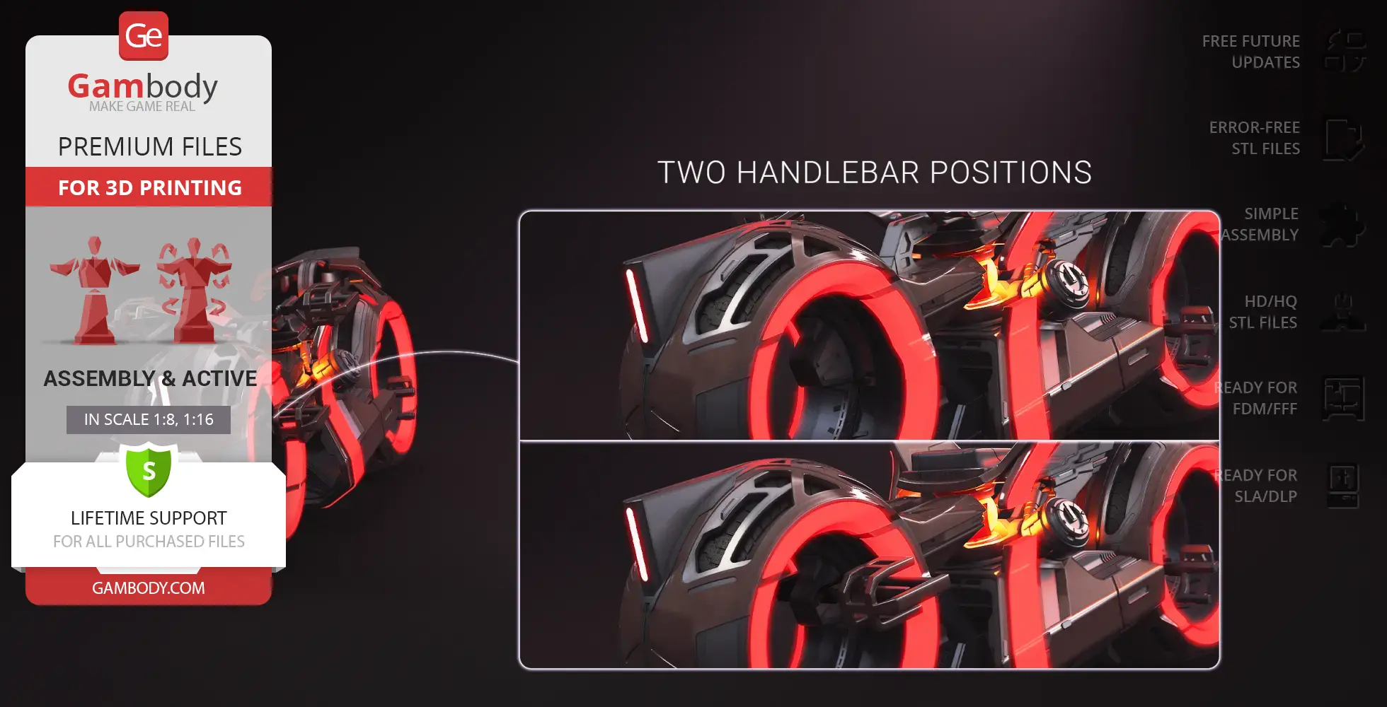 Futuristic light cycle with glowing red rims, dual handlebar options, and assembly instructions.