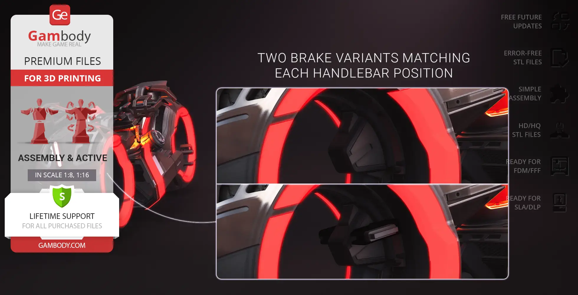 Futuristic TRON Ares Light Cycle model with glowing wheel details for 3D printing, featuring two brake options.